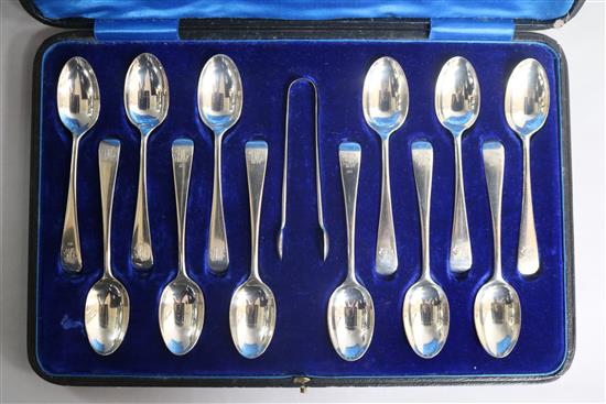 A cased set of twelve early 20th century silver teaspoons and pair of sugar tongs, Z. Barraclough & Sons, London, 1909/10/11.